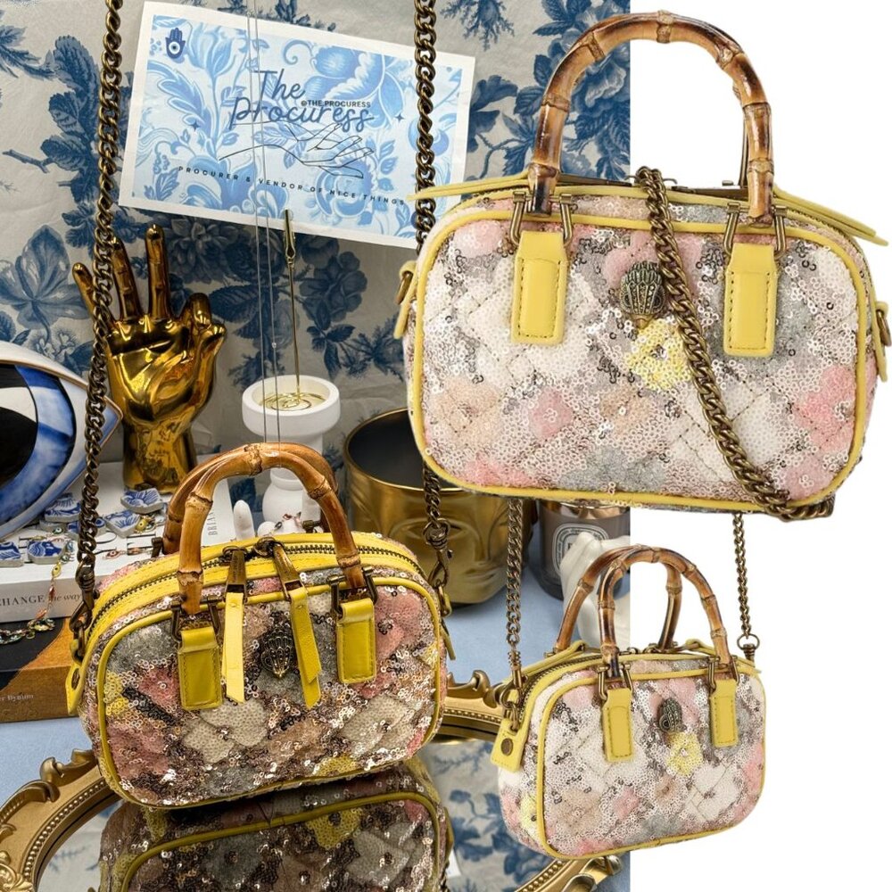 🆕 KURT GEIGER LONDON 🧿 NWOT XS Kensington Duffle, Yellow Floral Sequins